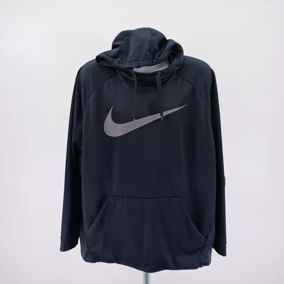 Nike Dri Fit Swoop Black‎ Hooded Mock Neck Sweater 2XL Fleece Lined Pocket Front - Picture 1 of 10